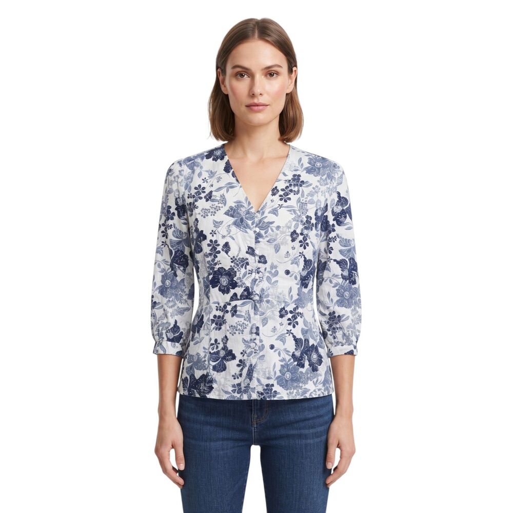 Liz Claiborne Floral V-Neck Peplum Top PM Petite Career Casual Blouse